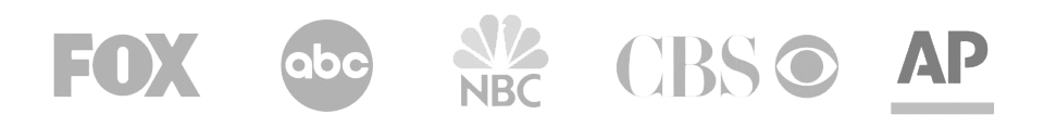 Logos of major news organizations in grayscale: FOX, ABC, NBC, CBS, and AP, arranged in a horizontal line.